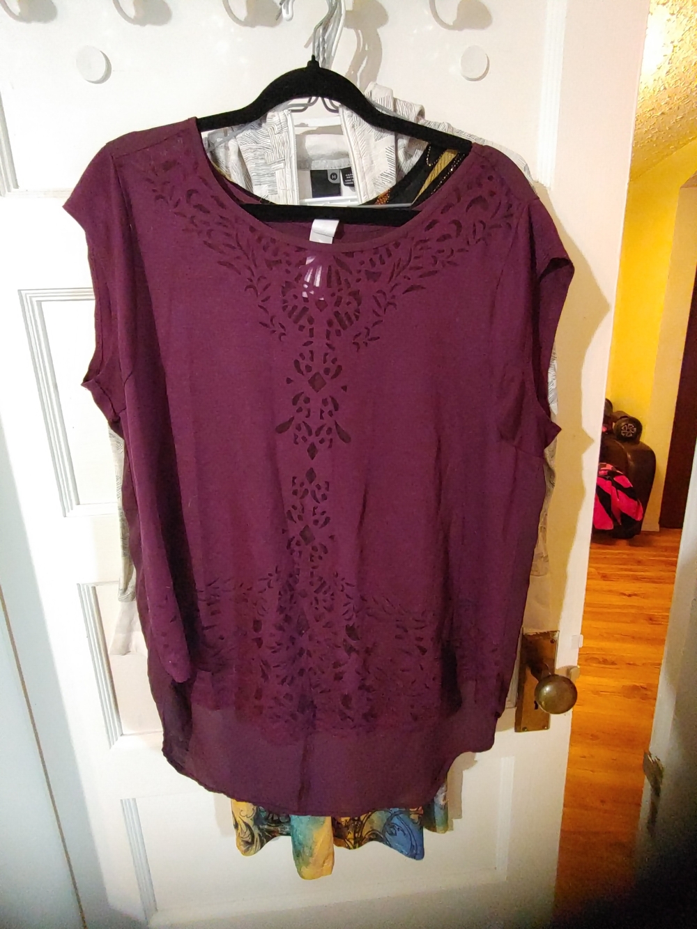 Pure Energy Plum Laser-Cut Short Sleeve Tunic Top